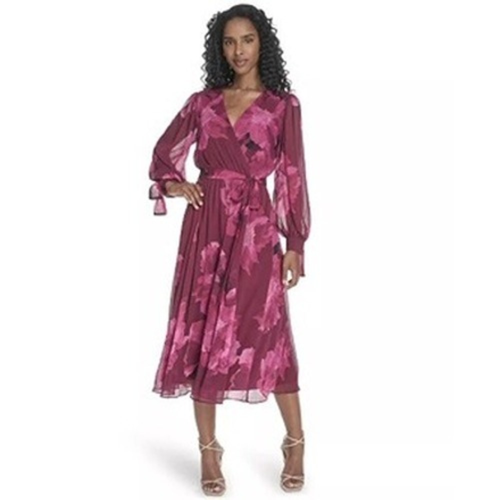 NWT Calvin Klein Dress Women Burgundy Pink Floral Faux Wrap Midi 16W $159